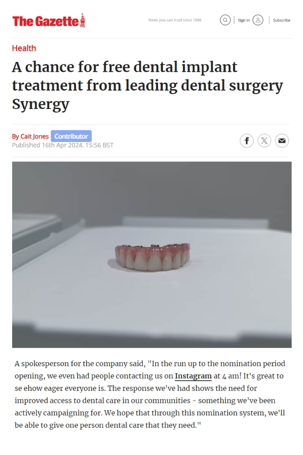 A chance for free dental implant treatment from leading dental surgery Synergy